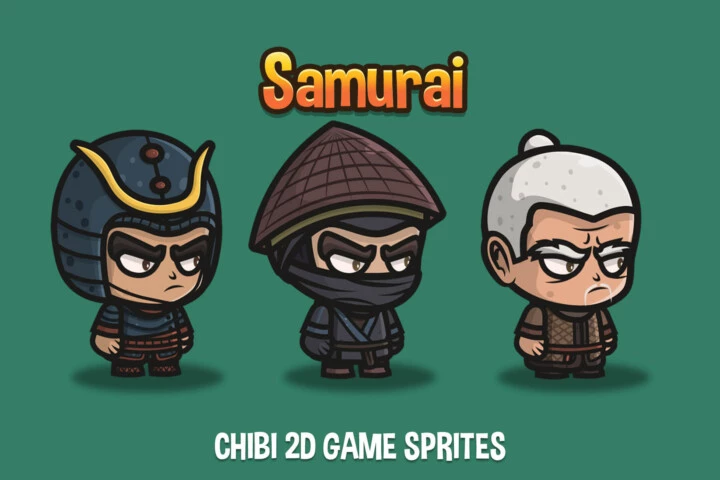 3个Q版卡通矢量2D RPG游戏日本武士角色动画素材