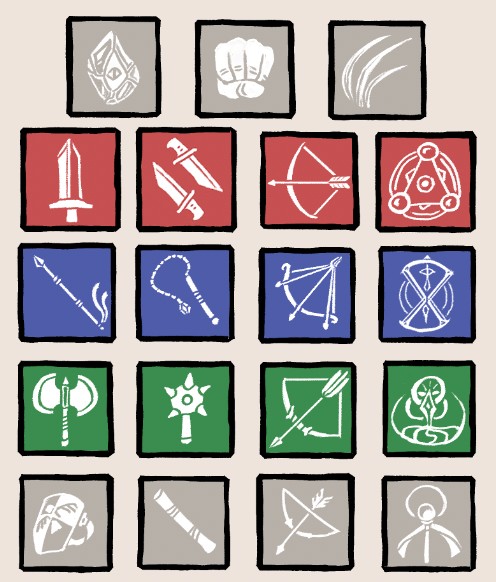 一组扁平化的2D RPG游戏武器武器图标素材