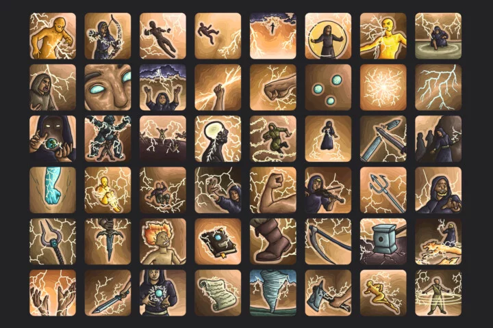 48个矢量2D RPG游戏闪电法师技能图标素材