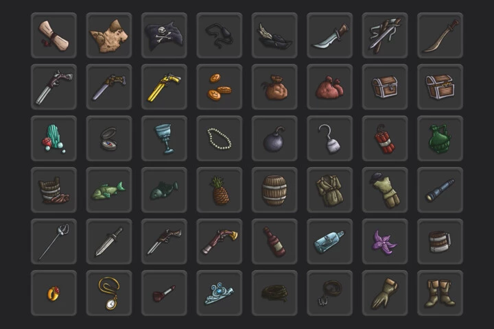 48个海盗主题矢量2D游戏战利品图标素材