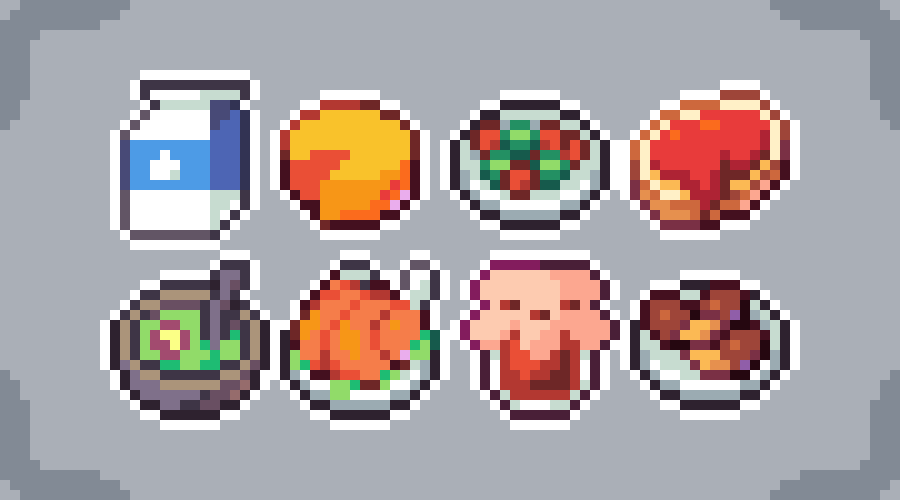 65个像素游戏食物和餐具图标素材