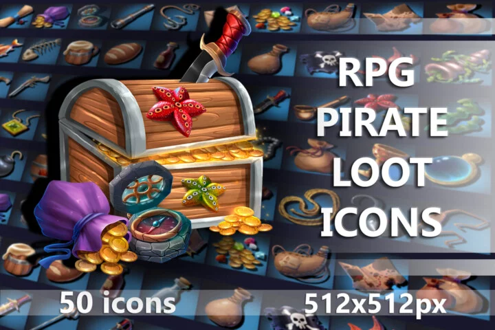 50个512*512高质量的2D游戏海盗战利品图标素材