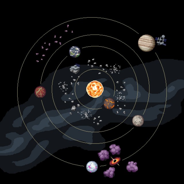 精美的未来主义像素科幻行星、恒星和太空废物素材
