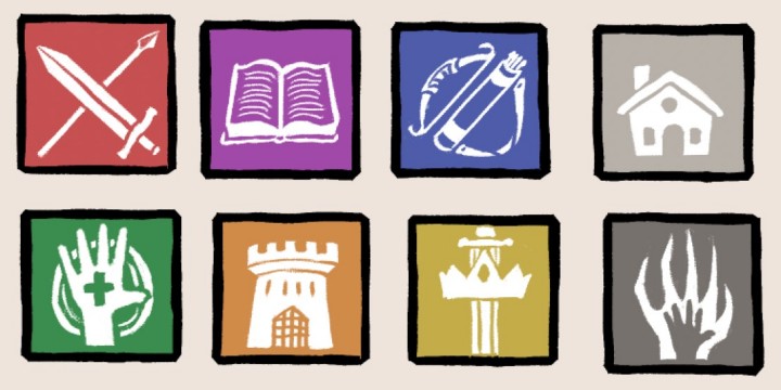 8个扁平化的2D角色扮演游戏职业/角色图标素材