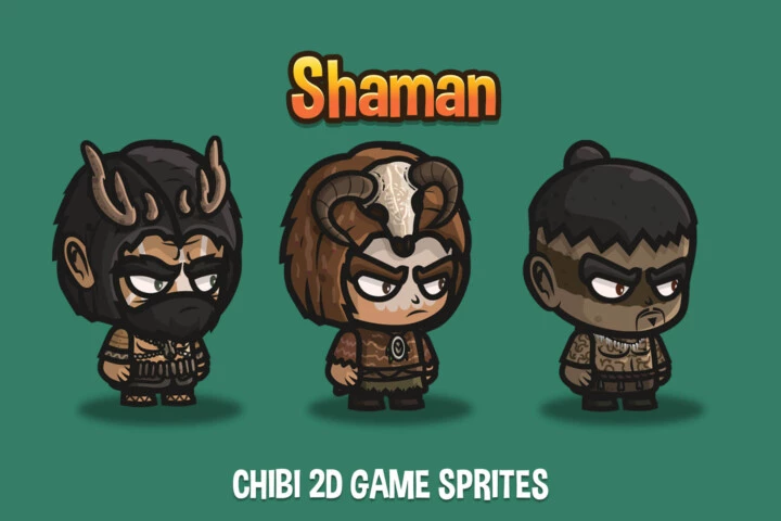 3个Q版卡通矢量2D游戏萨满角色动画素材