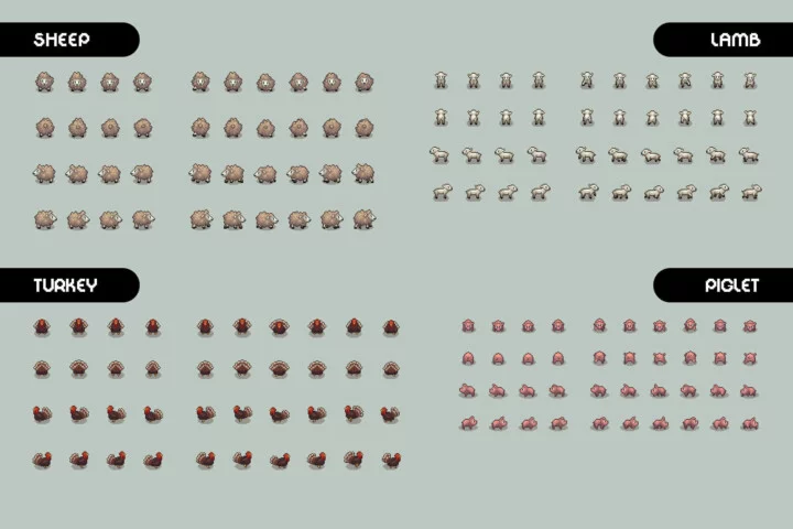 精美的自上而下像素农场动物动画素材