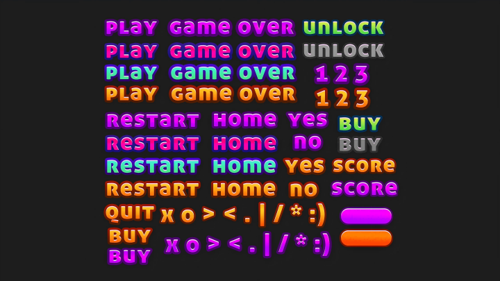 一组色彩鲜艳的卡通风格2D游戏UI文本按钮素材