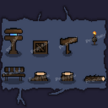 一组手工制作的像素艺术木制道具资产素材