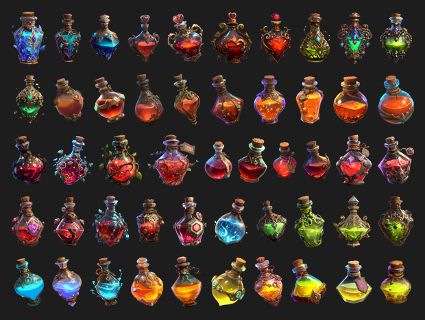 50个AI辅助生成的2D奇幻药水图标素材