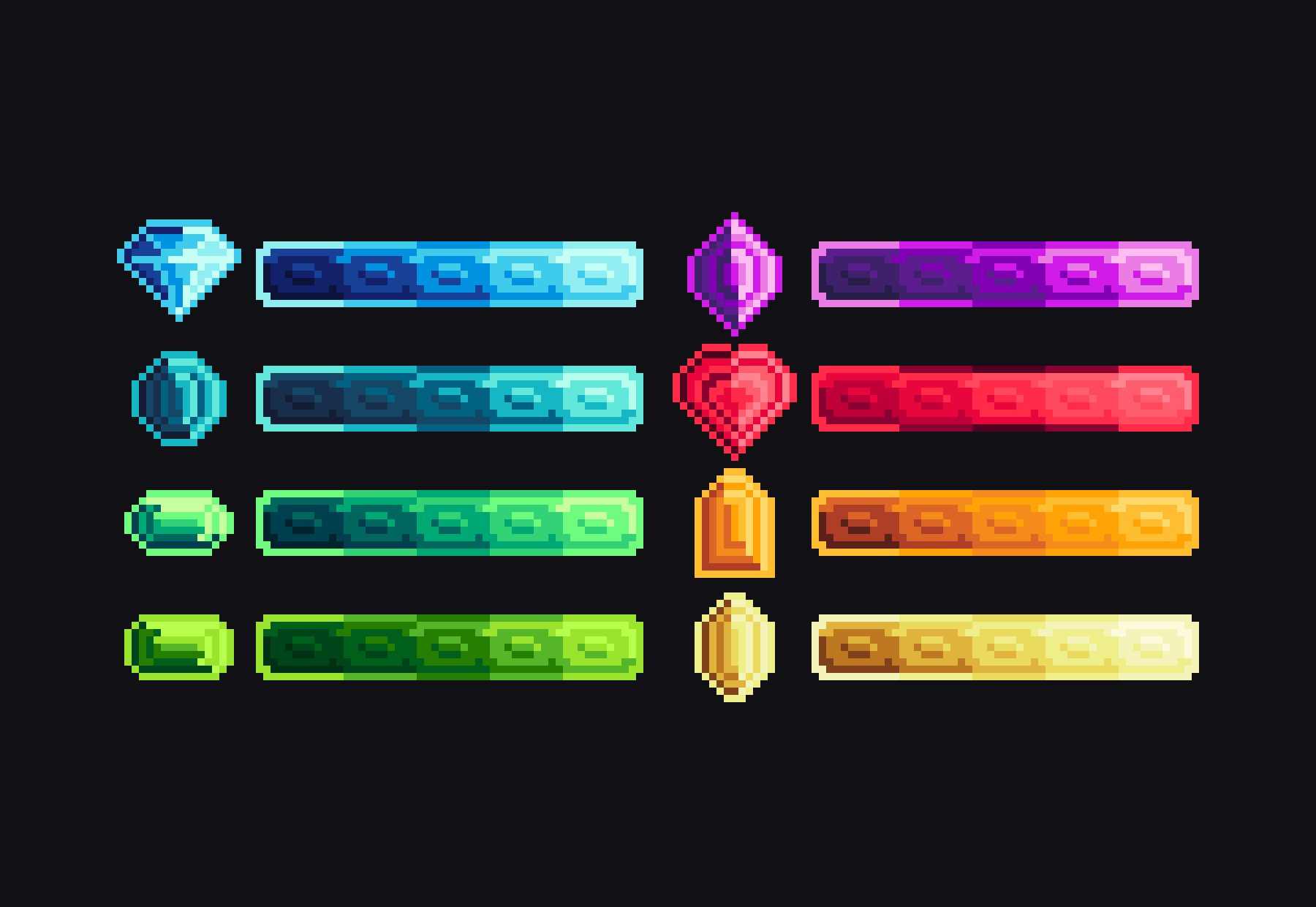 8个不同的像素游戏宝石主题UI健康条动画素材