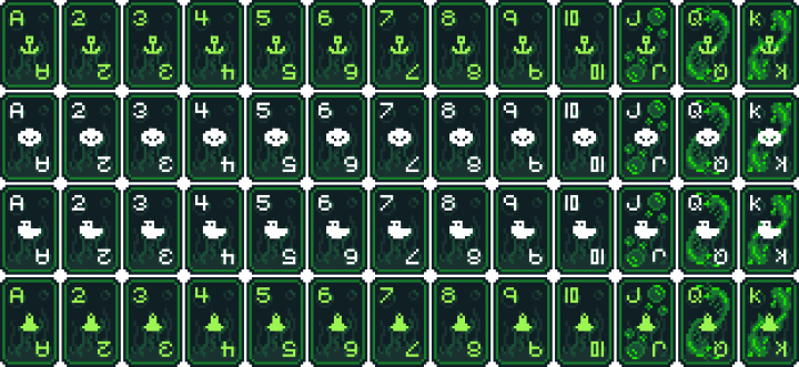 一组绿色的像素海洋主题扑克纸牌素材