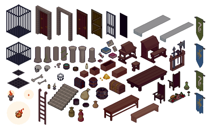 免费的等距像素城堡地牢资产素材