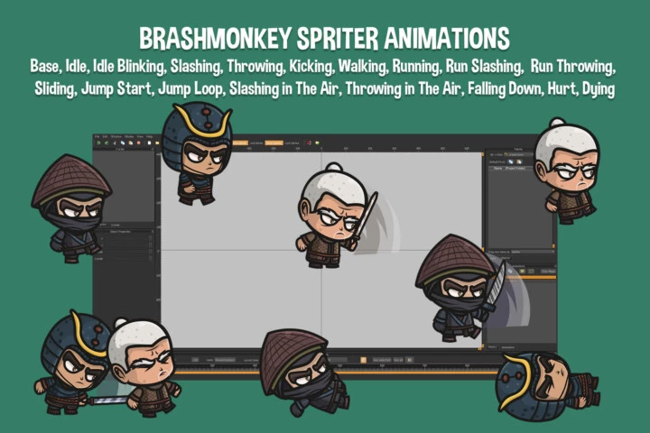 3个Q版卡通矢量2D RPG游戏日本武士角色动画素材