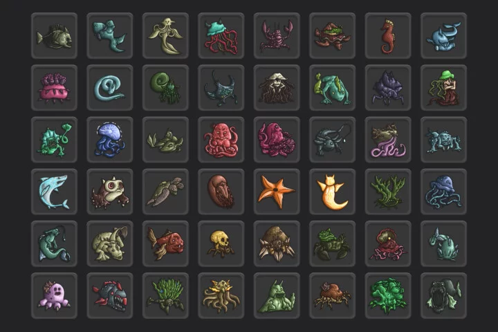 48个精心设计的矢量2D游戏海洋怪物图标素材