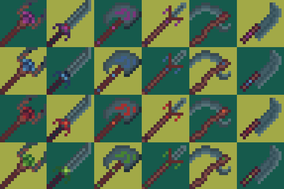 多种颜色的中世纪奇幻像素工具和武器图标素材