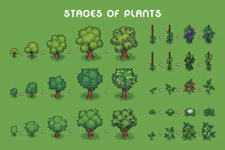 自上而下的像素农场游戏植物素材