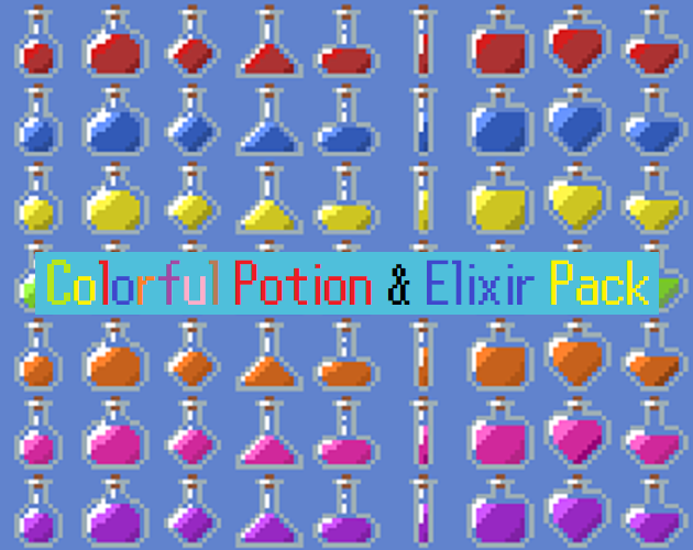 不同颜色和颜色的像素彩色药水和药剂素材