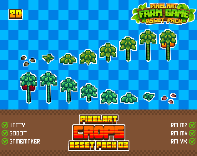 10种不同的像素模拟农场游戏分阶段农作物动画和图标素材