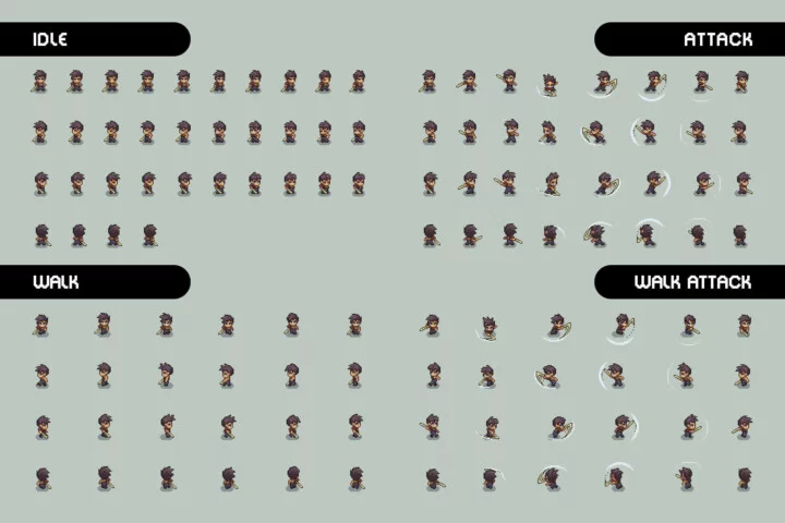 自上而下的俯视角像素剑客角色1-3阶段动画素材