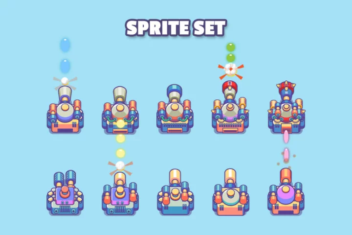 10个自上而下的矢量2D射击炮塔动画素材