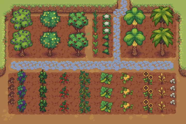 自上而下的像素农场游戏植物素材