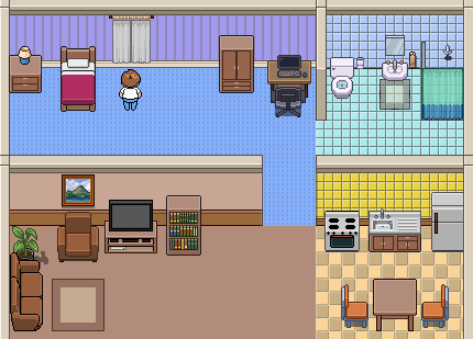 免费的像素现代房屋内部人物、家具和装饰素材