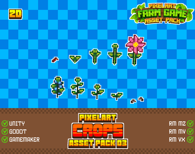 10种不同的像素模拟农场游戏分阶段农作物动画和图标素材
