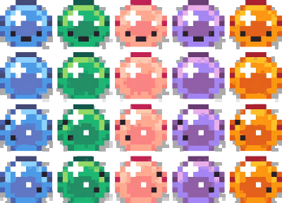 5种颜色的免费简单自上而下四向像素史莱姆素材