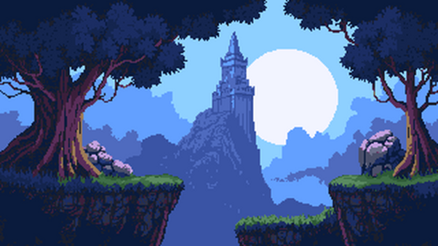 静态的坐落在悬崖上的岩石塔像素背景图片素材