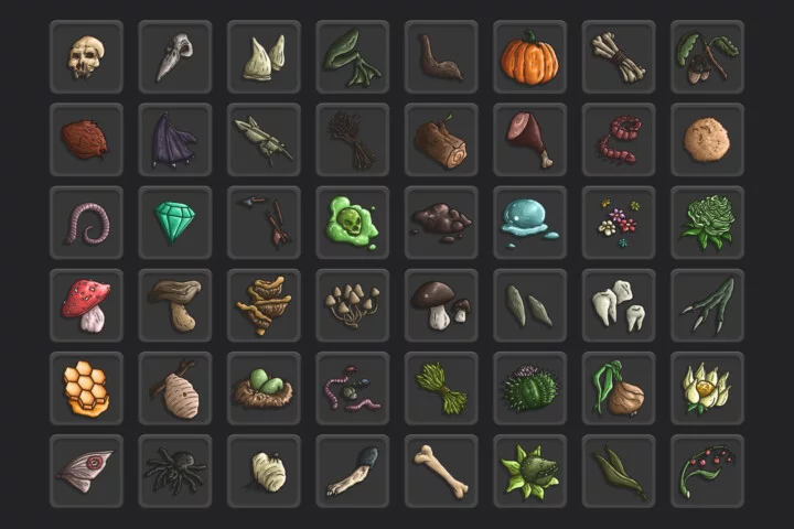 48个普遍的矢量2D RPG游戏战利品物品图标素材