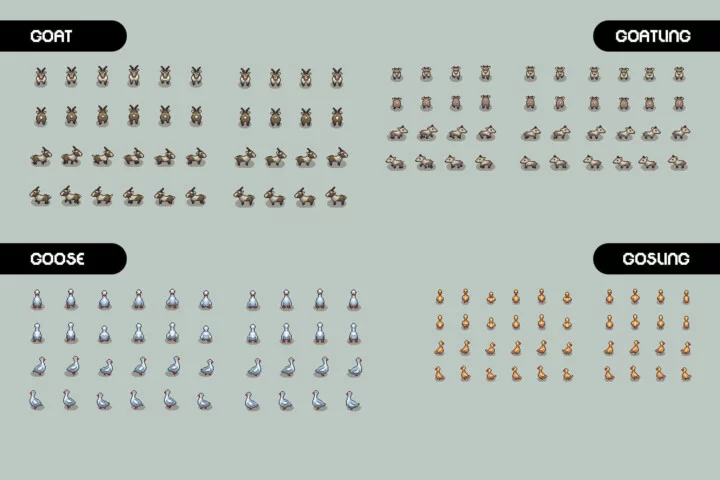 8种自上而下的像素农场动物动画素材