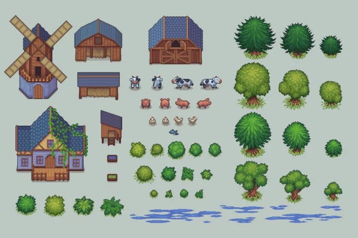 完整的自上而下像素艺术农场与动物资产素材