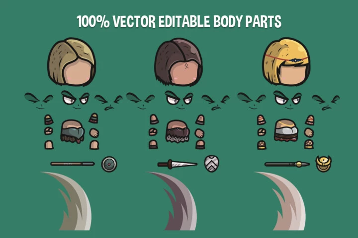 3个Q版卡通矢量2D亚马逊女战士动画素材