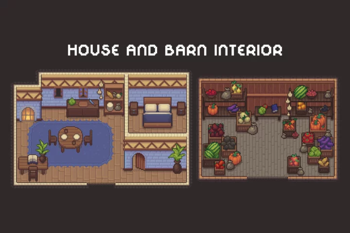 完整的自上而下像素艺术农场与动物资产素材