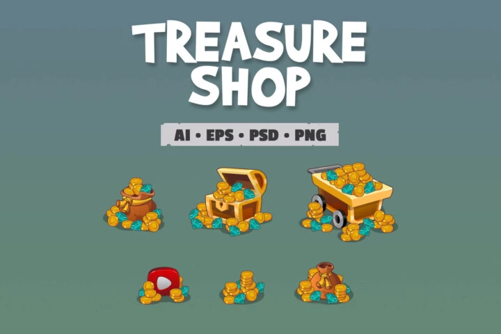 一组矢量的2D游戏商店硬币和水晶货币资产素材