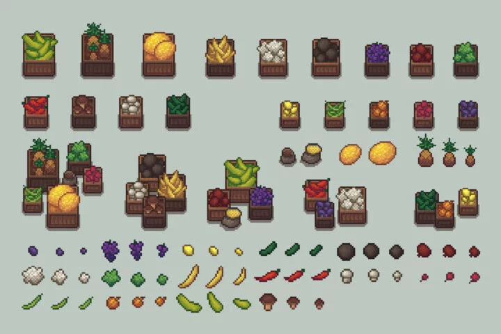 自上而下的像素农场游戏植物素材