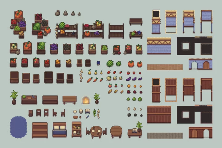 完整的自上而下像素艺术农场与动物资产素材