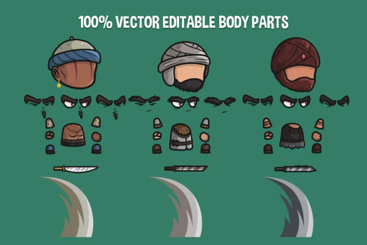 3个Q版卡通风格矢量2D横版波斯和阿拉伯战士动画素材