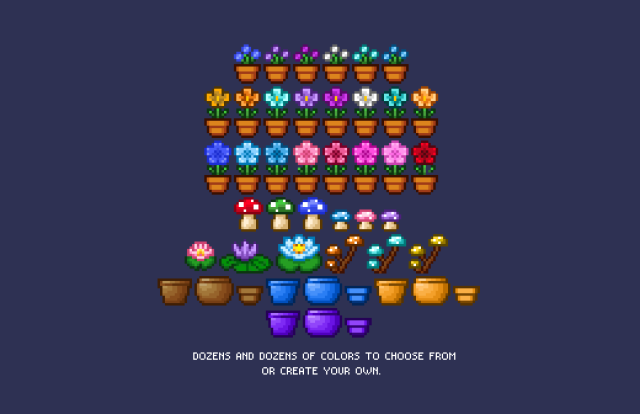 顶视图的像素艺术花卉和植物素材