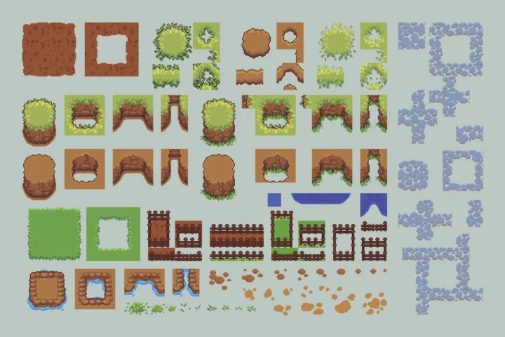 完整的自上而下像素艺术农场与动物资产素材