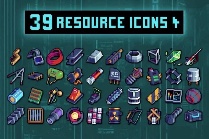 40个32*32的像素赛博朋克风格资源道具图标素材