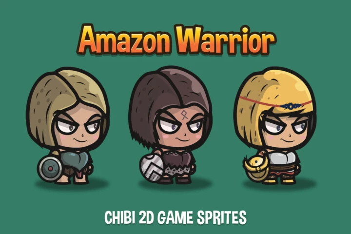 3个Q版卡通矢量2D亚马逊女战士动画素材