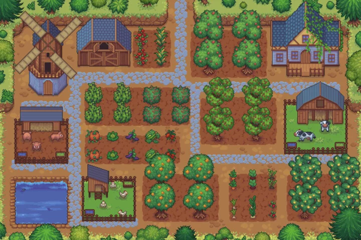 完整的自上而下像素艺术农场与动物资产素材