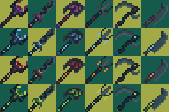 多种颜色的中世纪奇幻像素工具和武器图标素材