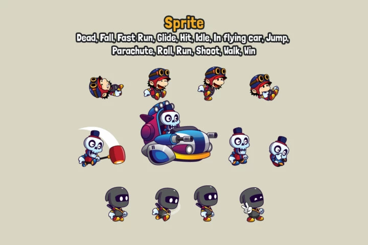 3个可爱的卡通矢量2D横版卷轴人物动画素材