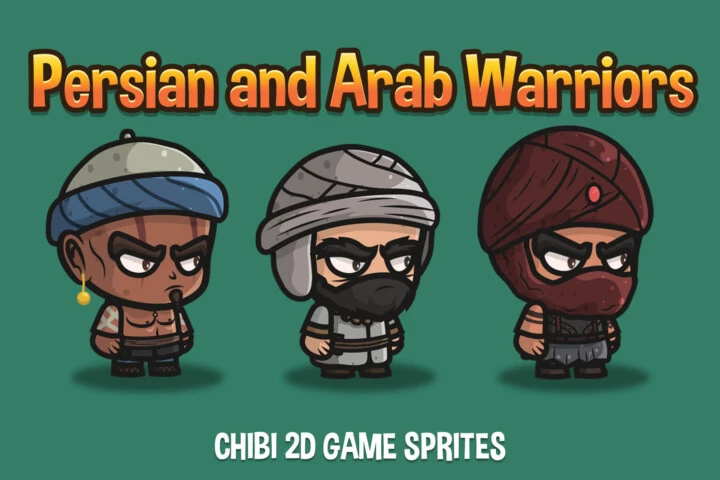 3个Q版卡通风格矢量2D横版波斯和阿拉伯战士动画素材