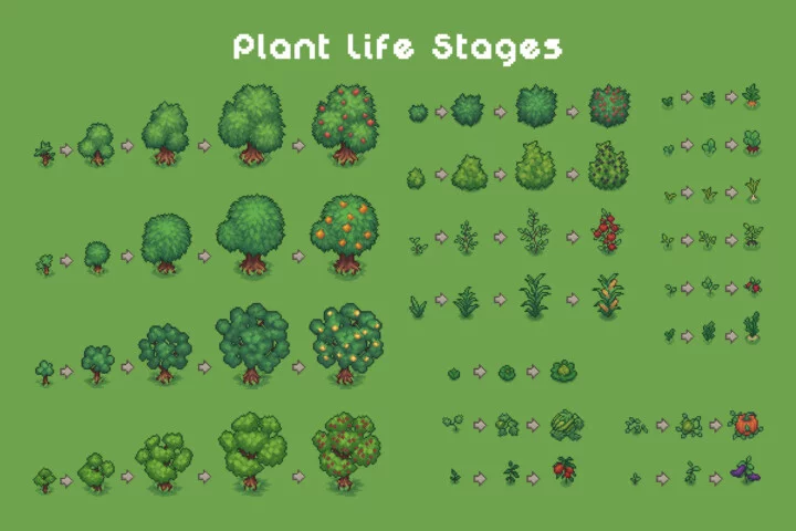 完整的自上而下像素艺术农场与动物资产素材