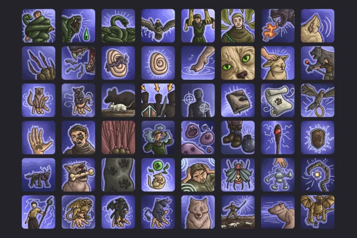 48个独特的矢量2D RPG游戏召唤技能图标素材