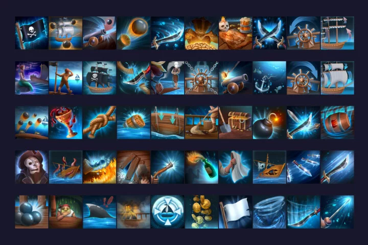 50个精美的2D RPG游戏海盗职业技能图标素材