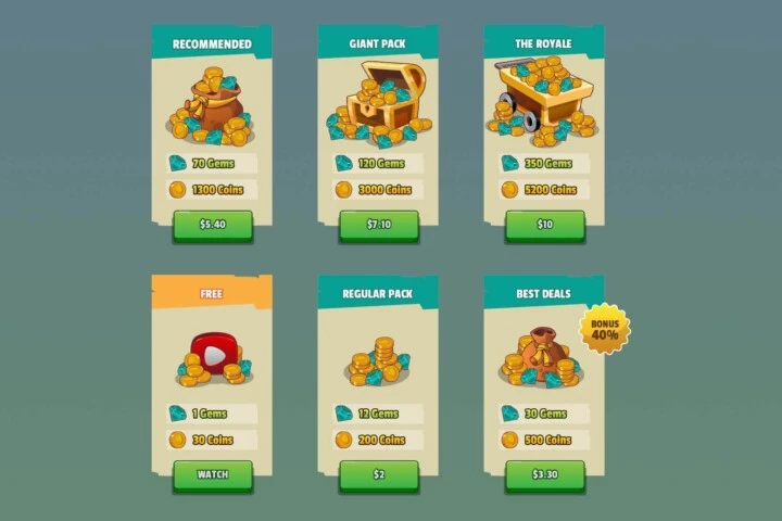 一组矢量的2D游戏商店硬币和水晶货币资产素材